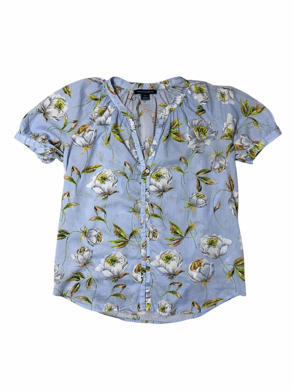 French Connection Cotton Light Blue Floral Short Sleeve Blouse Womens 4